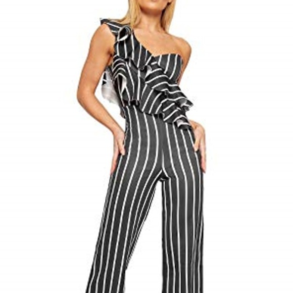 Unbranded Pants - Striped One Shoulder Ruffle Frill Jumpsuit